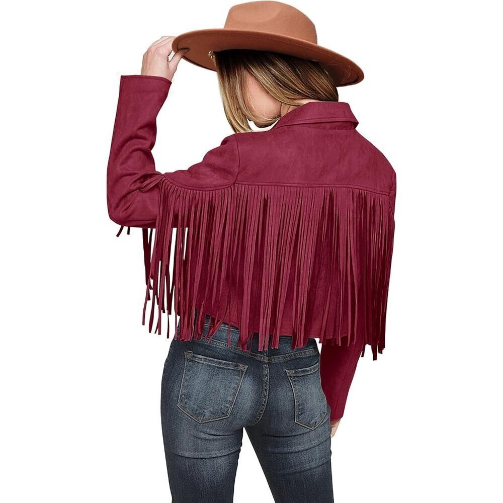 Prettygarden Women's Wine Red Fringe Motorcycle Cropped Faux Leather Jackets